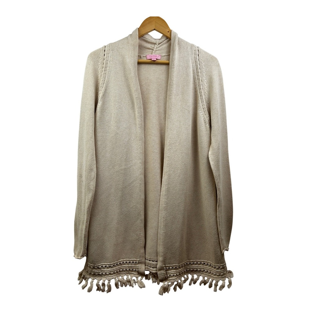 Lilly Pulitzer Open Cardigan Womens L Cream Cotton Fringe‎ Boho Effortless Chic